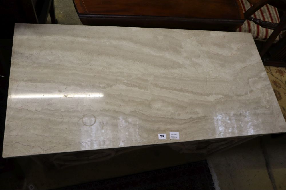 A Gothic style marble top bleached oak console table, width 122cm, depth 58cm, height 66cm